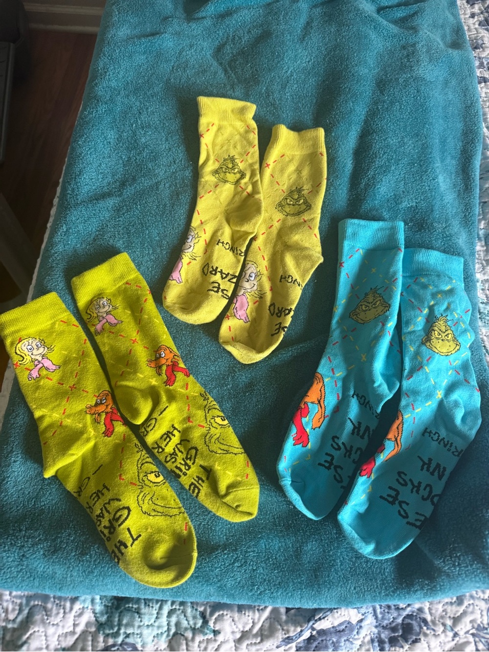 Novelty Grinch Crew Socks - Yellow & Turquoise, 3-Pack